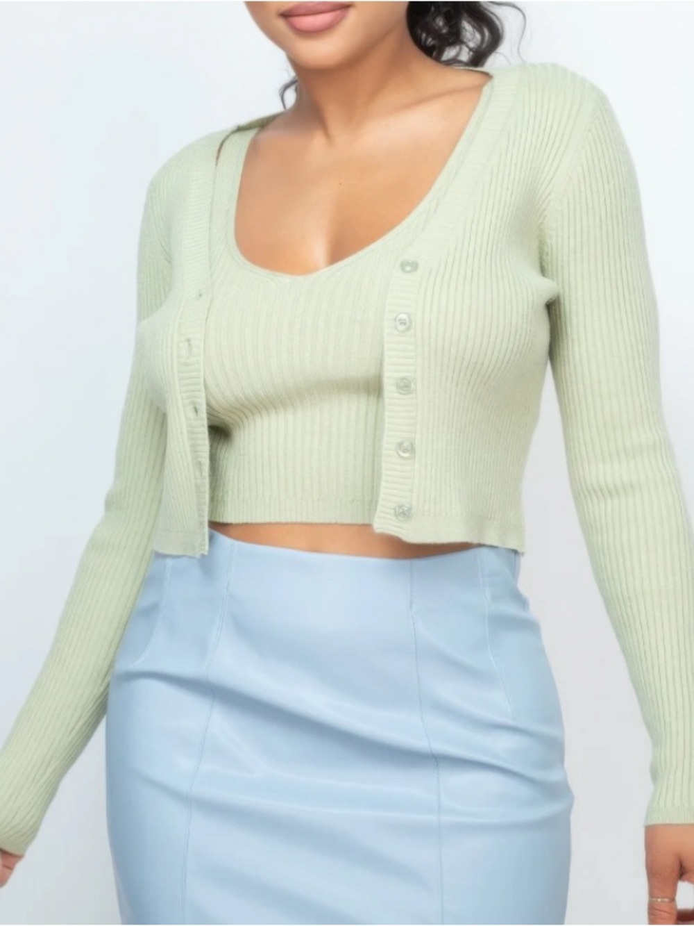 2 Pieces- Sage Green Crop Tank Top & Cardigan Sweater Set by Iris: Size Large